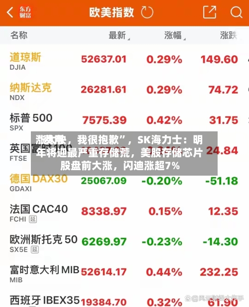 “费用涨太快，我很抱歉”，SK海力士：明年将迎最严重存储荒，美股存储芯片股盘前大涨，闪迪涨超7%
